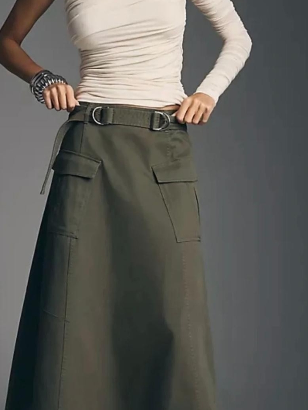 DEREK LAM 10 CROSBY NWT Olive Green cargo Midi Skirt Belt / Designer Luxury